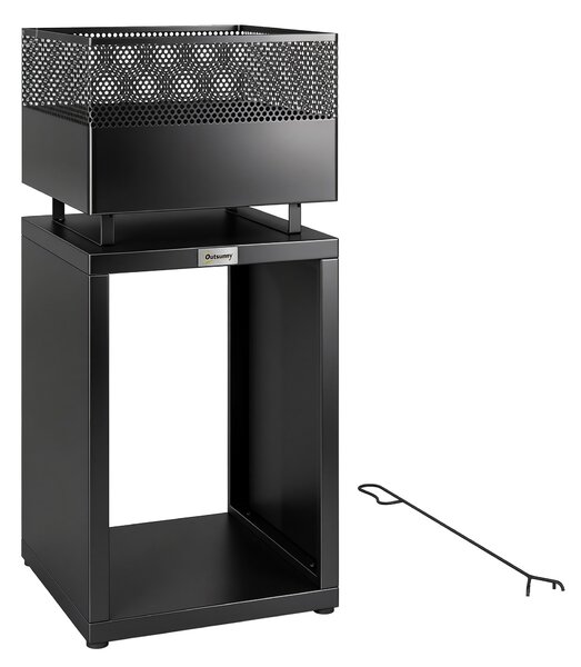 Outsunny Outdoor Fire Pit with Wood Storage Wood Burning Firepit with Mesh Sides 87 cm Black