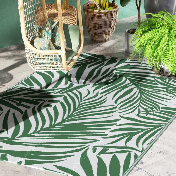 Outsunny Reversible Outdoor RV Rug, 1.5 x 2.4m Patio Floor Mat for Garden, Deck, Beach, Camping, Green Leaves, Green and White