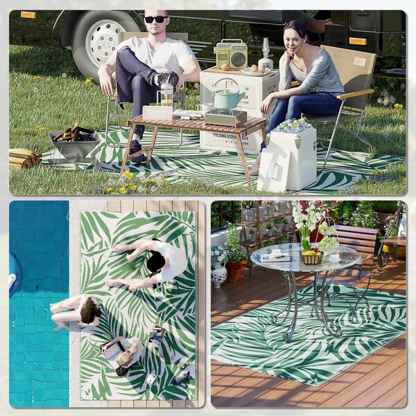 Outsunny Reversible Outdoor RV Rug, 1.5 x 2.4m Patio Floor Mat for Garden, Deck, Beach, Camping, Green Leaves, Green and White