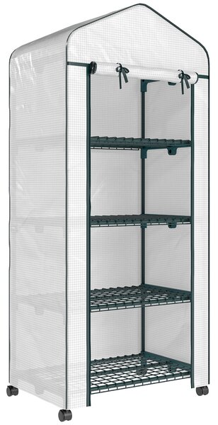 Outsunny 4 Tier Mini Portable Greenhouse Compact Plant Grow Shed Metal Frame PE Cover with Lockable Rolling Wheels , White