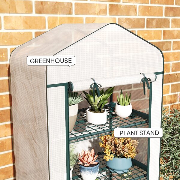 Outsunny 4 Tier Mini Portable Greenhouse Compact Plant Grow Shed Metal Frame PE Cover with Lockable Rolling Wheels , White