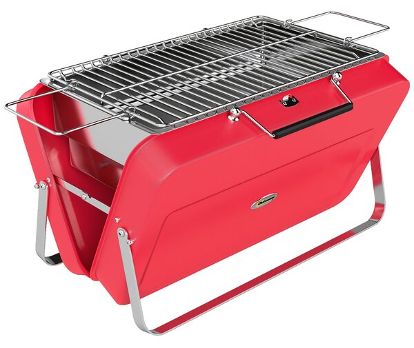 Outsunny Portable Mini Charcoal Barbecue Grill with Suitcase Shell, Outdoor Folding Tabletop BBQ Grill, Red