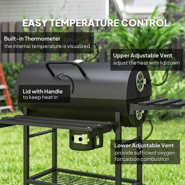 Outsunny Charcoal BBQ Grill with Foldable Front Side Shelf, Portable Barbecue Smoker with Warming Rack, Bottom Shelf, Lid, Temperature Gauge, Wheels for Outdoor Cooking Garden Party, Black