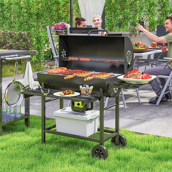 Outsunny Charcoal BBQ Grill with Foldable Front Side Shelf, Portable Barbecue Smoker with Warming Rack, Bottom Shelf, Lid, Temperature Gauge, Wheels for Outdoor Cooking Garden Party, Black