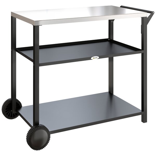 Outsunny Outdoor Grill Cart with Stainless Steel Tabletop for Kitchen Prep, Two-Tier Pizza Oven Stand on Wheels, Black