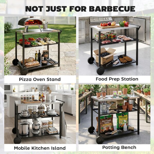 Outsunny Outdoor Grill Cart with Stainless Steel Tabletop for Kitchen Prep, Two-Tier Pizza Oven Stand on Wheels, Black