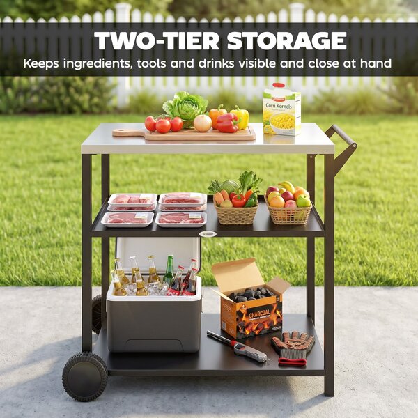 Outsunny Outdoor Grill Cart with Stainless Steel Tabletop for Kitchen Prep, Two-Tier Pizza Oven Stand on Wheels, Black