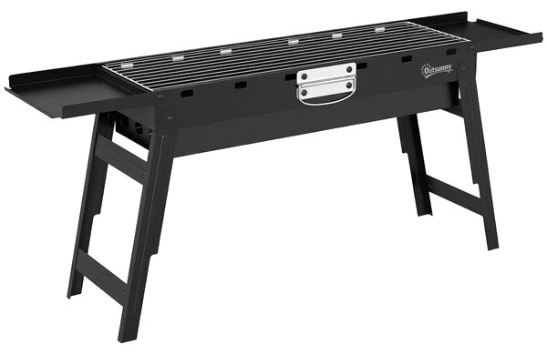 Outsunny Portable BBQ Grill, Foldable Charcoal Grill for Camping and Picnics with 2 Side Shelves and Handle, Black