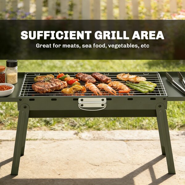 Outsunny Portable BBQ Grill, Foldable Charcoal Grill for Camping and Picnics with 2 Side Shelves and Handle, Green