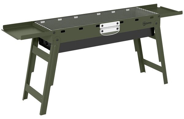 Outsunny Portable BBQ Grill, Foldable Charcoal Grill for Camping and Picnics with 2 Side Shelves and Handle, Green
