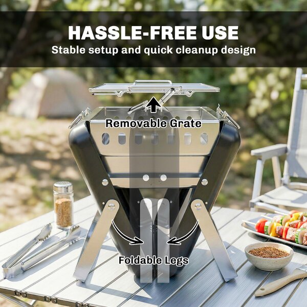 Outsunny Charcoal BBQ Grill Portable Stainless Steel Barbecue with Tilting Grate for Camping Picnic Garden Black
