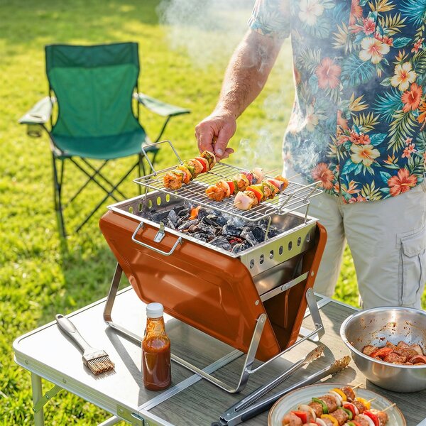 Outsunny Charcoal BBQ Grill Portable Stainless Steel Barbecue with Tilting Grate for Camping Picnic Garden Orange