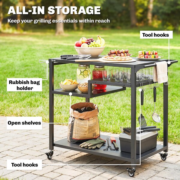 Outsunny Outdoor Grill Cart, Three-Tier Pizza Oven Stand with Steel Tabletop, Hooks, Rubbish Bag Holder, Wheels, Black