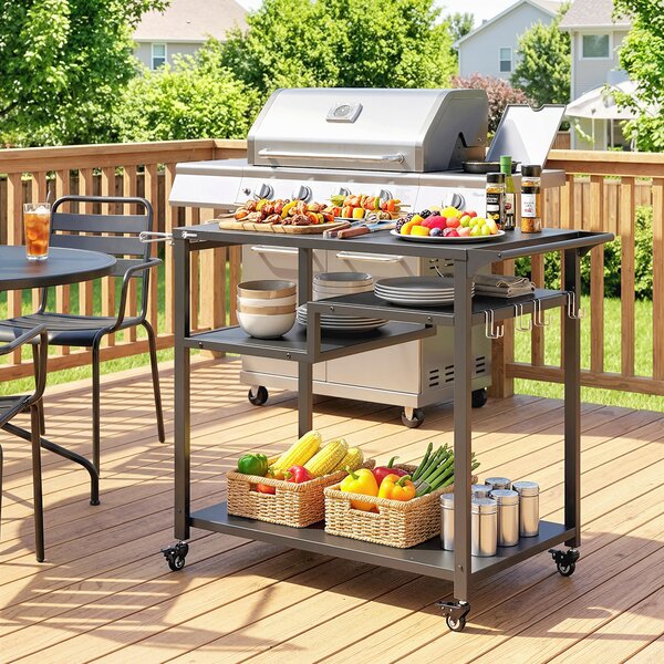 Outsunny Outdoor Grill Cart, Three-Tier Pizza Oven Stand with Steel Tabletop, Hooks, Rubbish Bag Holder, Wheels, Black