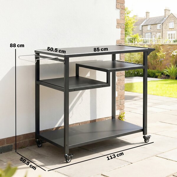 Outsunny Outdoor Grill Cart, Three-Tier Pizza Oven Stand with Steel Tabletop, Hooks, Rubbish Bag Holder, Wheels, Black
