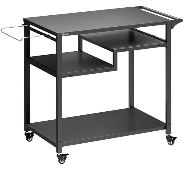 Outsunny Outdoor Grill Cart, Three-Tier Pizza Oven Stand with Steel Tabletop, Hooks, Rubbish Bag Holder, Wheels, Black