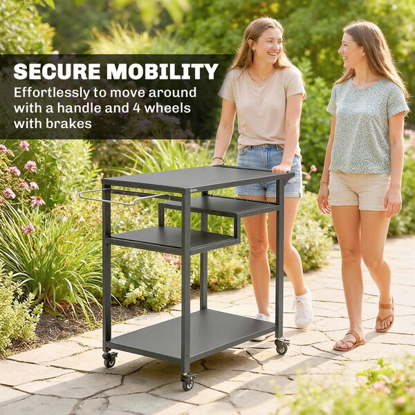Outsunny Outdoor Grill Cart, Three-Tier Pizza Oven Stand with Steel Tabletop, Hooks, Rubbish Bag Holder, Wheels, Black