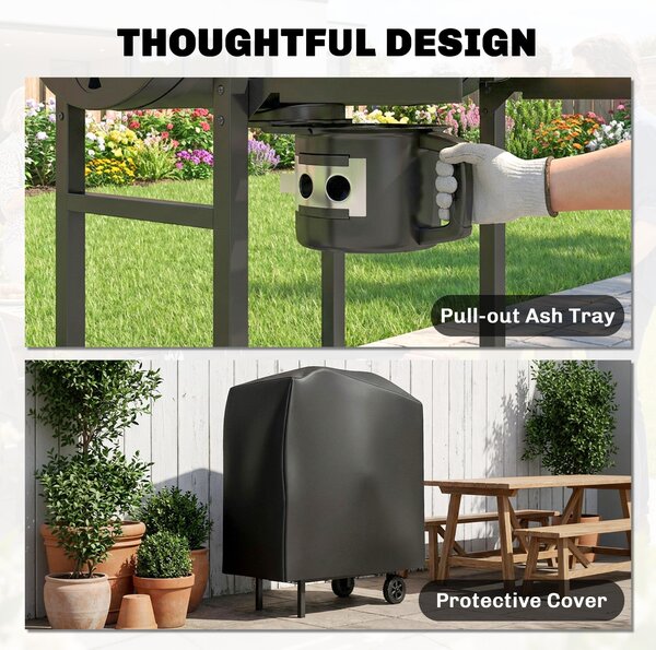 Outsunny Charcoal Grill, Barrel BBQ Smoker with Warming Rack, Charcoal BBQ Grill with Foldable Shelves, Natural Wood and Black