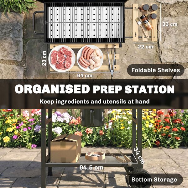 Outsunny Charcoal Grill, Barrel BBQ Smoker with Warming Rack, Charcoal BBQ Grill with Foldable Shelves, Natural Wood and Black