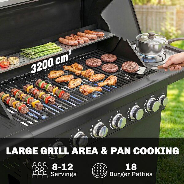 Outsunny 6+1 Burner Gas BBQ Grill, Outdoor Barbecue Trolley with Wheels, Warming Rack, Thermometer, Bottle Opener, Black