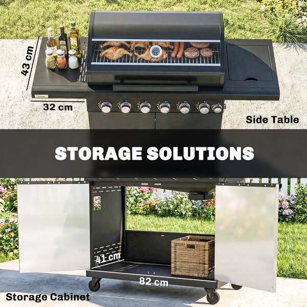 Outsunny 6+1 Burner Gas BBQ Grill, Outdoor Barbecue Trolley with Wheels, Warming Rack, Thermometer, Bottle Opener, Black