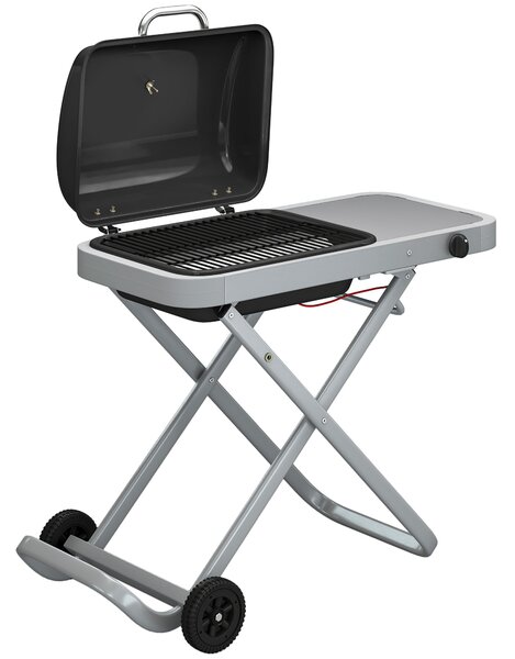 Outsunny Foldable Gas BBQ Grill with Side Table, Portable Gas Barbecue Grill with Thermometer, Grease Box, Wheels, 2.5 kW, Black