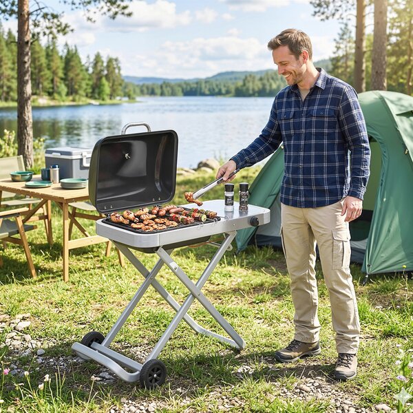 Outsunny Foldable Gas BBQ Grill with Side Table, Portable Gas Barbecue Grill with Thermometer, Grease Box, Wheels, 2.5 kW, Black