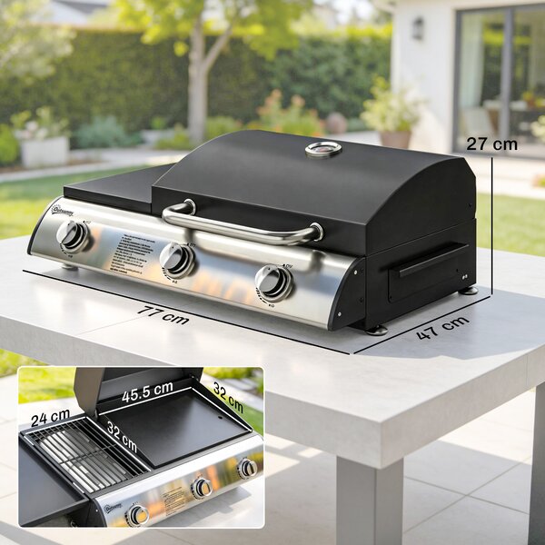 Outsunny 3 Burner Portable Gas Plancha BBQ Grill, 8.1 kW Outdoor Tabletop Gas Barbecue Grill with Griddle, Thermometer,, Black
