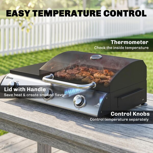 Outsunny 3 Burner Portable Gas Plancha BBQ Grill, 8.1 kW Outdoor Tabletop Gas Barbecue Grill with Griddle, Thermometer,, Black