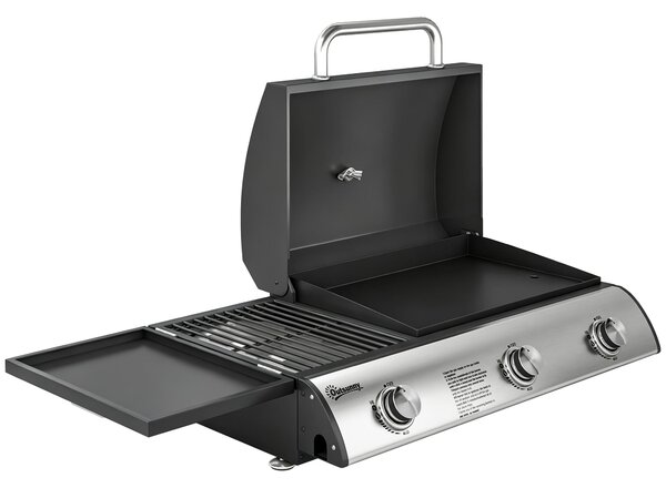 Outsunny 3 Burner Portable Gas Plancha BBQ Grill, 8.1 kW Outdoor Tabletop Gas Barbecue Grill with Griddle, Thermometer,, Black
