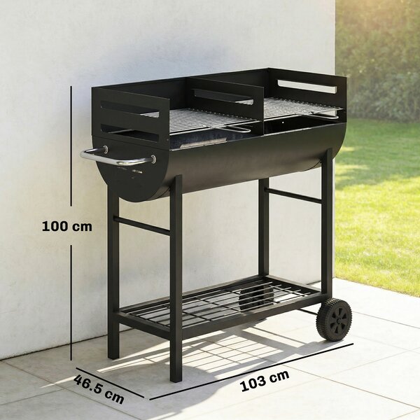 Outsunny Charcoal Barbecue Grill with 2 Cooking Areas, Portable BBQ Trolley with Wheels, Height Adjustable Grates, Bottom Shelf