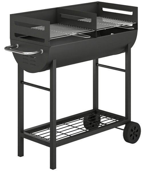 Outsunny Charcoal Barbecue Grill with 2 Cooking Areas, Portable BBQ Trolley with Wheels, Height Adjustable Grates, Bottom Shelf