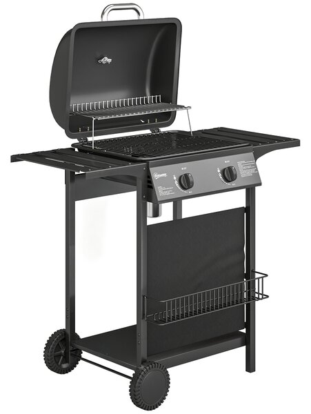 Outsunny Gas Burner Barbecue Grill, 2 Burner Gas Grill with Side Tables, Warming Rack, Shelf, Thermometer, Grease Tray, Black