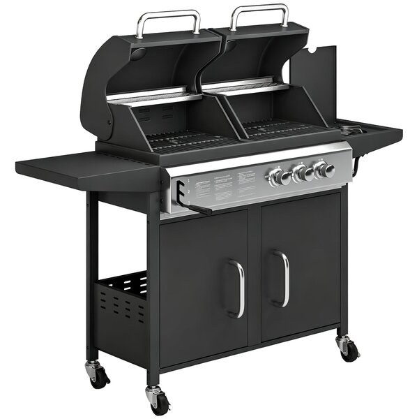 Outsunny 2+1 Burner Hybrid Dual Fuel BBQ Gas Grill, 2-in-1 Propane & Charcoal Barbecue Grill Smoker Combo with Wheels, Black