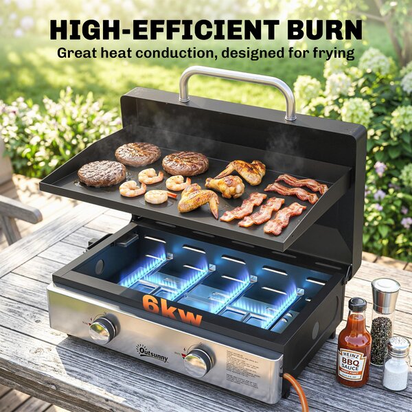 Outsunny 2 Burner Grill Griddle, Portable Gas Plancha, 6 kW, Tabletop Gas BBQ with Grease Cup for Camping Picnic Patios, Black