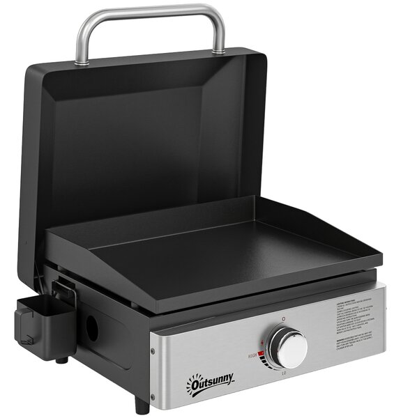 Outsunny Grill Griddle, Portable Gas Plancha, 3.5 kW, Tabletop Gas BBQ with Grease Cup for Camping Picnic Patios, Black