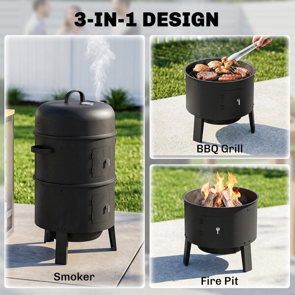 Outsunny 3-in-1 Vertical Charcoal Smoker with 2 Grill Grates, Built-in Thermometer, Adjustable Vent, 2 Doors