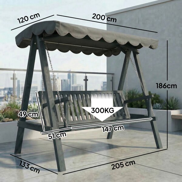 Outsunny 3 Seater Garden Swing Seat with Canopy, Wooden Swing Chair, Outdoor Hammock Bench for Balcony Patio Porch, Grey
