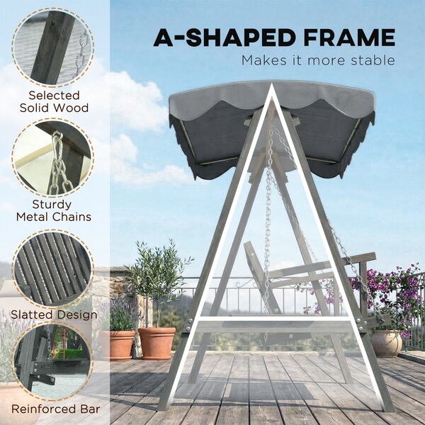 Outsunny 3 Seater Garden Swing Seat with Canopy, Wooden Swing Chair, Outdoor Hammock Bench for Balcony Patio Porch, Grey