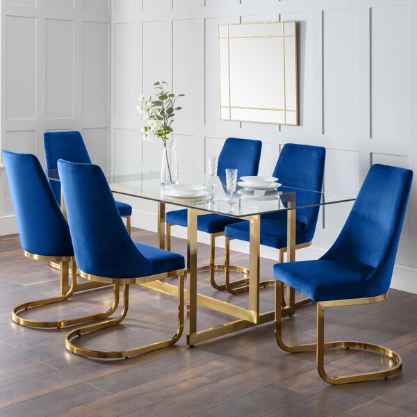 Minori 6 Seater Rectangular Glass Top Dining Table, Gold Blue