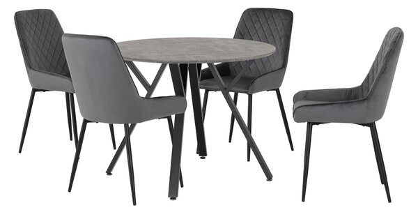 Athens Round Concrete Effect Dining Table with 4 Avery Grey Dining Chairs Grey
