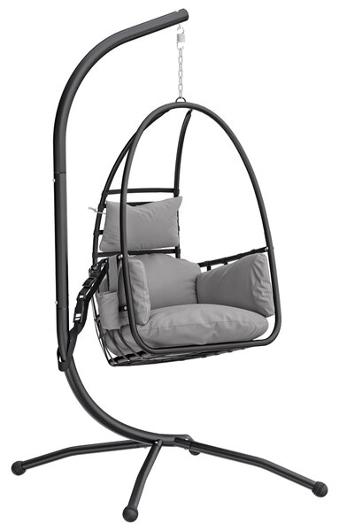 Outsunny Hanging Egg Chair, Indoor Outdoor Swinging Hammock Chair with Stand, Foldable Basket, Side Pocket, Dark Grey