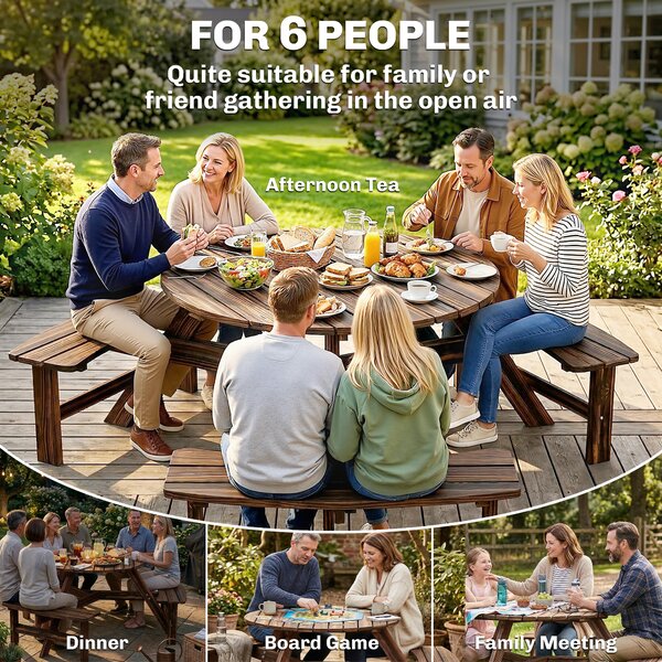 Outsunny Wooden Garden Dining Set, 6 Seater Round Dining Picnic Table with Matching Bench, Garden Furniture Set with Parasol Hole for Outdoor Patio Party and Family Gatherings, Carbonized