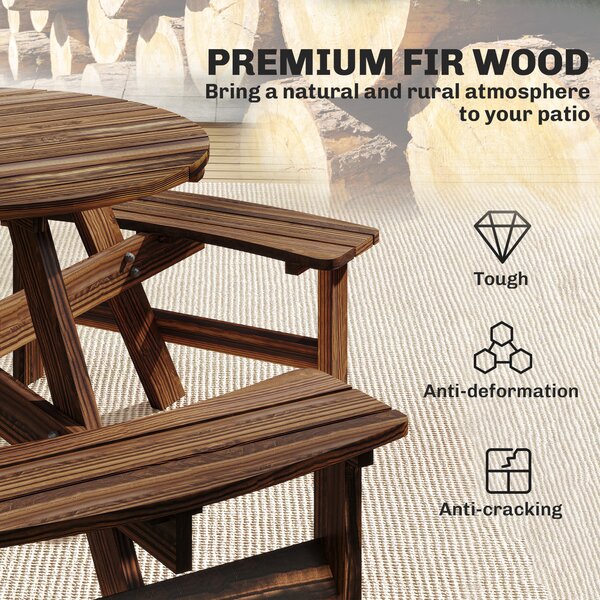 Outsunny Wooden Garden Dining Set, 6 Seater Round Dining Picnic Table with Matching Bench, Garden Furniture Set with Parasol Hole for Outdoor Patio Party and Family Gatherings, Carbonized
