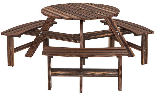 Outsunny Wooden Garden Dining Set, 6 Seater Round Dining Picnic Table with Matching Bench, Garden Furniture Set with Parasol Hole for Outdoor Patio Party and Family Gatherings, Carbonized