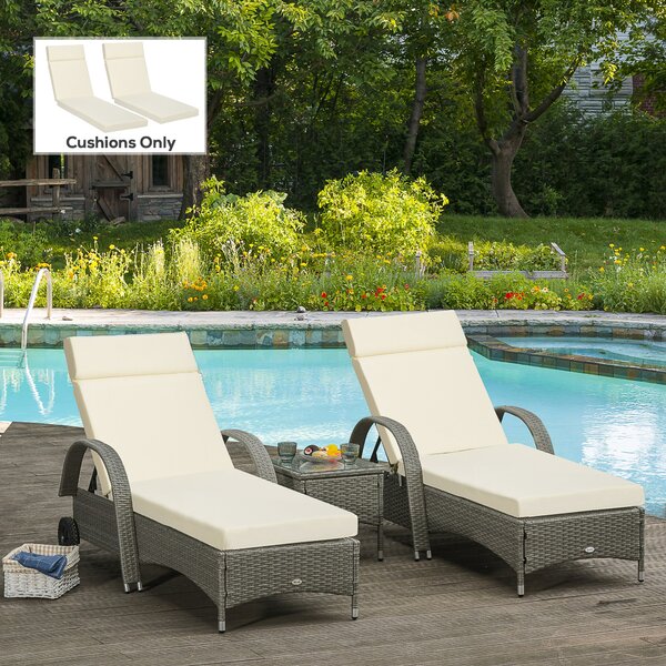 Outsunny Set of 2 Sun Lounger Cushions, Replacement Cushions for Rattan Furniture with Ties, 196 x 55 cm, Cream White