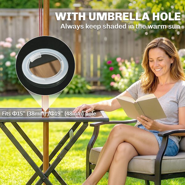 Outsunny Folding Outdoor Dining Table, Square Garden Table Tempered Glass Top with Parasol Hole Garden Patio, 70 x 70 x 70 cm
