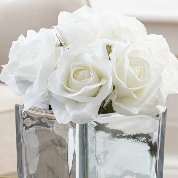 Artificial White Roses in Metallic Silver Plant Pot