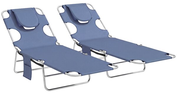 Outsunny 5-Position Adjustable Sun Loungers Set of 2 with Reading Hole and Side Pocket, Grey
