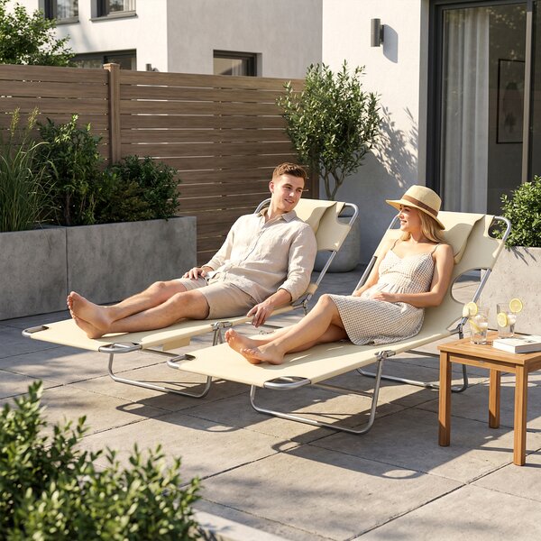 Outsunny 5-Position Adjustable Sun Loungers Set of 2 with Reading Hole and Side Pocket, Beige